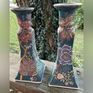 Vintage Andrea by Sadek Teal Floral Ceramic Candlestick Pair